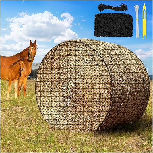 5 x 5 ft Round Bale Hay Net for Horses, with 20 Ropes, Netting Comb, Cable Tie,Large Slow Feed Hay Net， 2" Hole Size， Reduces Hay Waste， for Horses, Goats, Cattle and Livestock