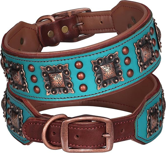 PET ARTIST Genuine Leather Dog Collar for Large Dogs, 2 inch Wide Luxury Dog Collar with Rivet Studded & Metal Buckle, Comfortable & Stylish Pet Collars for Great Dane Rottweiler,Green,Neck 22-25"