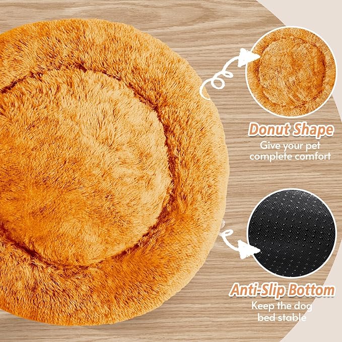 JOLLYVOGUE Calming Dog & Cat Bed for Large Dogs, Anti-Anxiety Donut Cuddler Cozy Soft Round Bed with Anti-Slip Bottom, Fluffy Faux Fur Plush Cushion Beds for Medium Dogs (36")