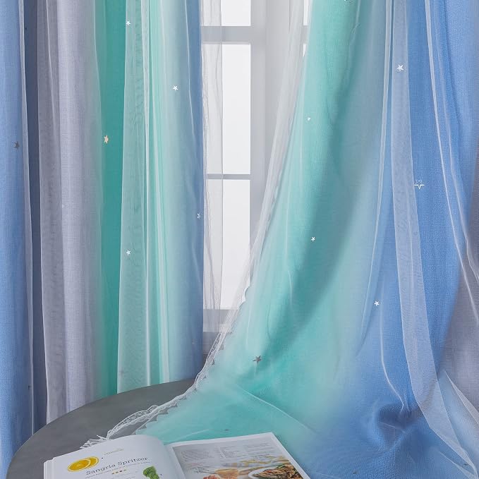 XiDi Curtains for Bedroom Decor, Rainbow BluGrenGrey-52-45