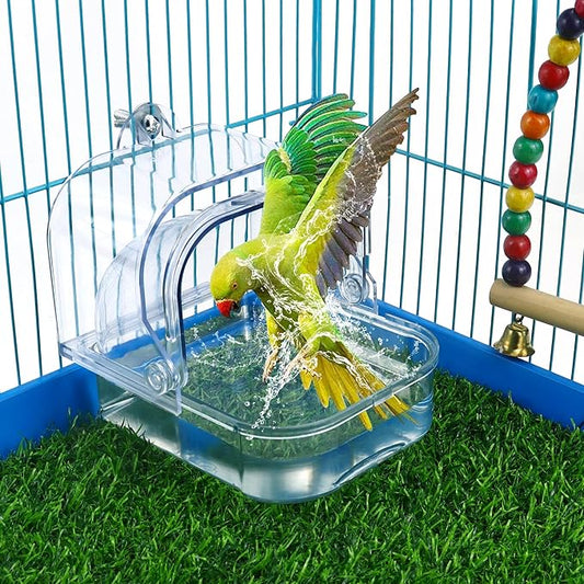 Bird Bath for Cage, Clear Birds Bathtub with Hanging Hooks, Upgraded Bird Bath Box for Cage Accessory Small Birds Parrots Cockatiel Budgies Shower Food Feeder Holder (Large)