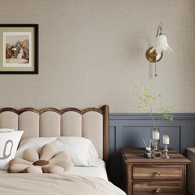 VEELIKE Beige Grasscloth Peel and Stick Wallpaper Textured Neutral Grasscloth