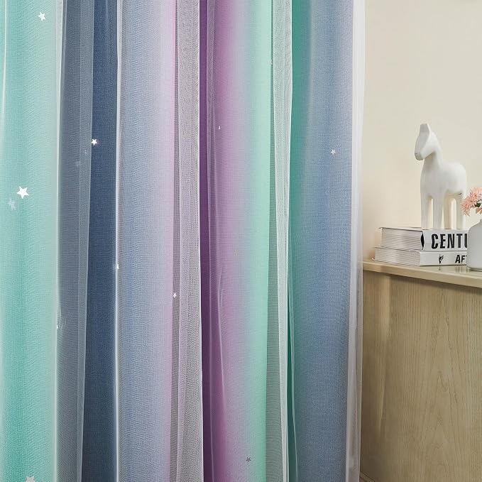 XiDi Curtains for Bedroom Decor, Rainbow Purplgreen grey52/45