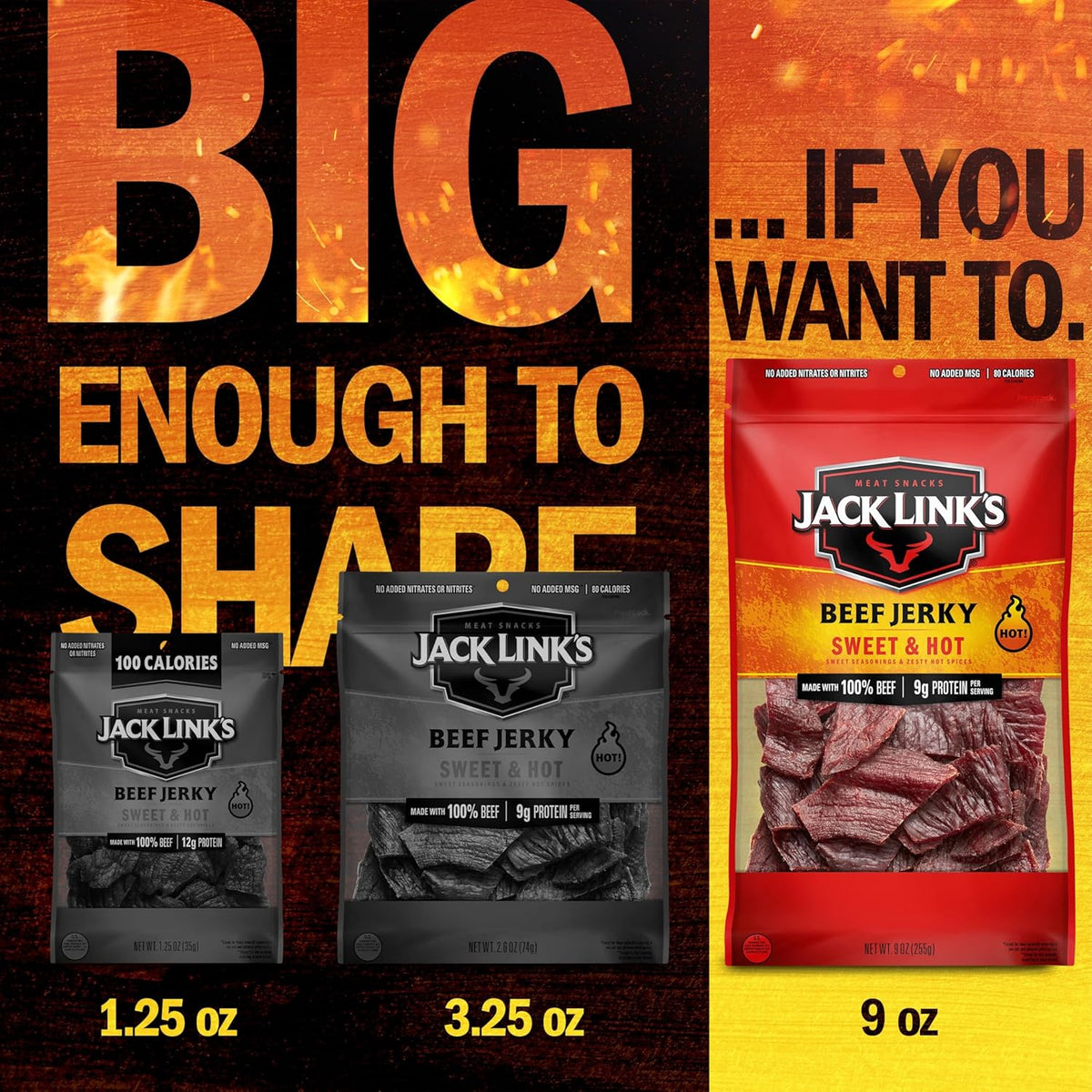 Jack Link's Beef Jerky, Sweet & Hot, Large Jerky Bags - Flavorful Meat Snacks, Ready to Eat Protein Snacks, 9g of Protein per Serving, Made with 100% Beef - 9 Oz. (Pack of 2)