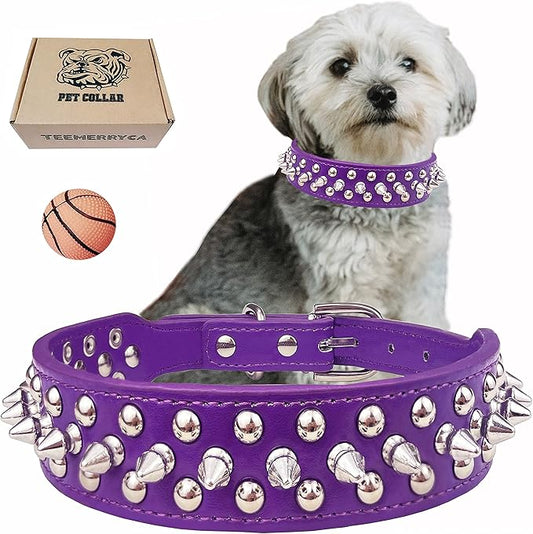 TEEMERRYCA Adjustable PU Leather Spiked Studded Dog Collars with a Squeak Ball Gift for Small Medium Large Pets Like Cats/Pit Bull/Bulldog/Pugs/Husky, Purple, S 10.8"-13.2"