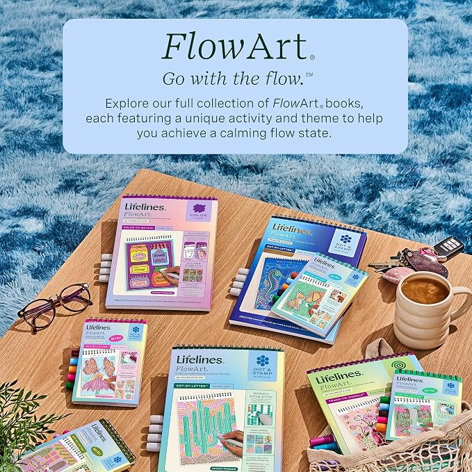 Lifelines FlowArt Mini Activity Pad, 3-Pack - Dot-by-Letter Coloring Books | 15 Double-Sided Markers & 60 Scenes - Guided Art Meditations for Tweens, Adults & Seniors - Dot-by-Letter - Patent-Pending