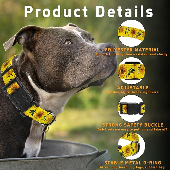 Dog Collar, Floral Boys Girls Puppy Collar for Small Medium Large Dogs, Adjustable Soft Pet Collar with Safety Buckle for Male Females (Yellow Sunflower, M)