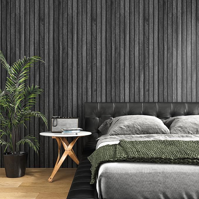 VEELIKE Charcoal Black Wood Slat Wallpaper Peel and Stick Modern Wood Panel