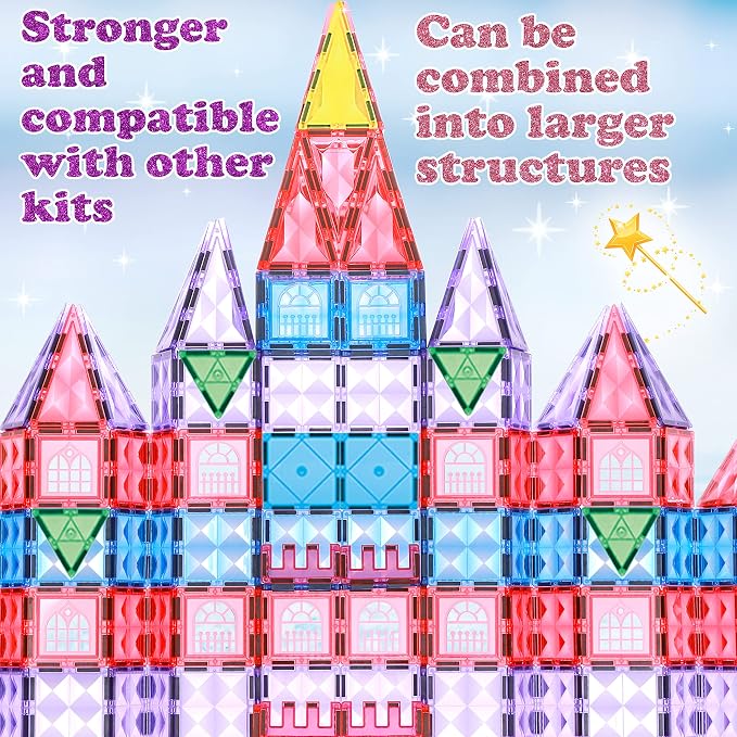 Little Pi 104pcs Frozen Princess Castle Magnetic Tiles Building Blocks - 3D Diamond Blocks, STEM Educational Toddler Toys for Pretend Play, 4 Year Old Girl Birthday Gifts Kids Ages 3 5 6 7 8 - Pink