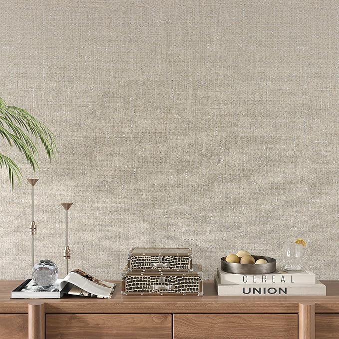 VEELIKE Beige Grasscloth Peel and Stick Wallpaper Textured Neutral Grasscloth
