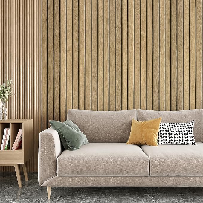 VEELIKE Natural Light Oak Wood Slat Peel and Stick Wallpaper Wood Panel