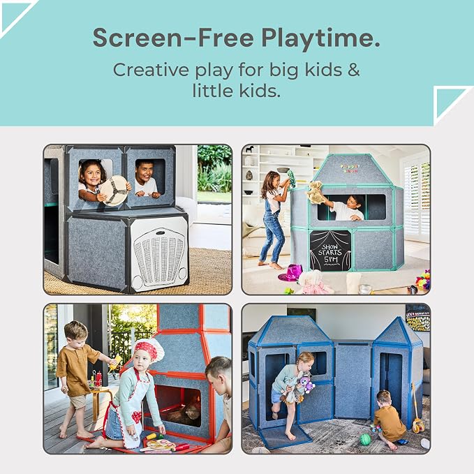 Superspace Giant Magnetic Fort Building Panels - The Little Set, Turquoise, 16 Panels, Life-Size Magnetic Tiles for Kids, Build Forts Castles Nooks, Eco-Felt STEM Toy Ages 3+, Indoor & Outdoor