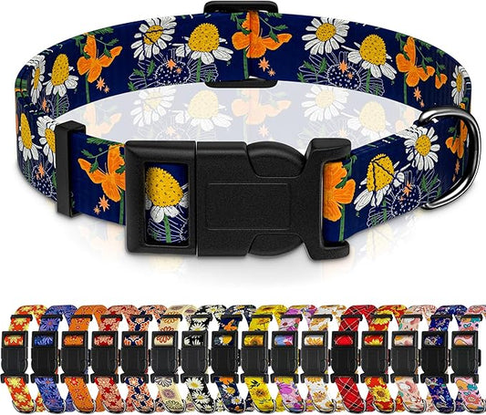 Dog Collar with Butterflies Print, Daisy Boys Girls Puppy Collar for Small Medium Large Dogs, Adjustable Soft Floral Pet Collar with Safety Buckle for Male Females(Blue Butterfly,M)