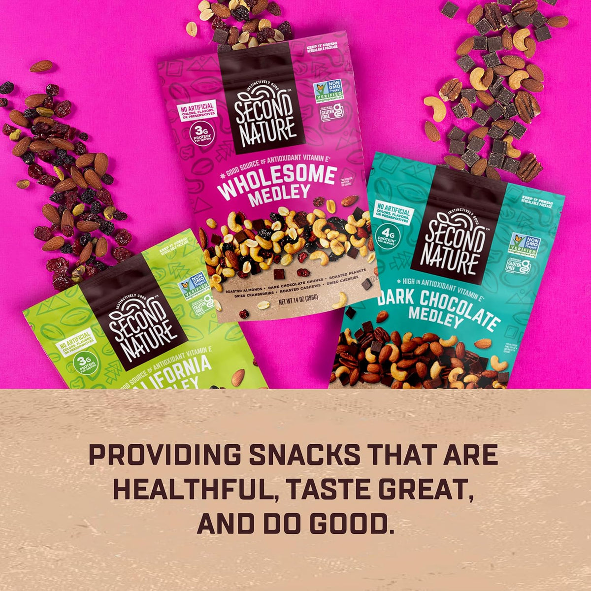 Second Nature Wholesome Medley Trail Mix - 12 Count, 2.25 oz Individual Snack Packs, Certified Gluten-Free – Dark Chocolate, Dried Fruit and Nut Trail Mix, Ideal for Travel Snacks