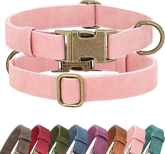 Didog Soft PU Leather Dog Collar, Stylish Quick Released Dog Collars for Medium Dogs, Easy Clean Adjustable Pet Collar for Daily Walking, Pink, M Fit 13-21" Neck