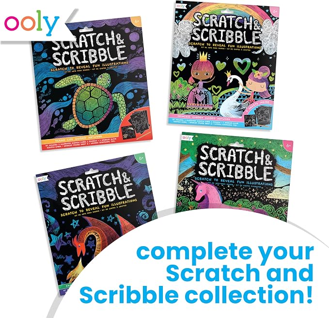 Ooly Scratch & Scribble Art Kit, 8 Cards, Sticker Sheet – Dragons | Ages 6+, Wooden Stylus and Stickers Included, Screen-Free Portable Car and Airplane Travel Activity, Gift for Kids