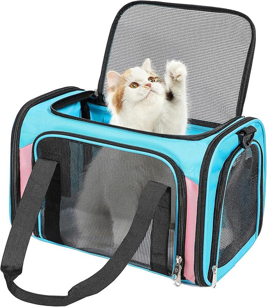 Discala Cat Dog Carrier Up to 15 Lbs TSA Airline Approved Pet Carrier for Small Medium Cats Puppies Dog Carriers for Small Dogs Collapsible Soft Sided Cat Travel Carrier - Blue&Pink 17"x11"x11"
