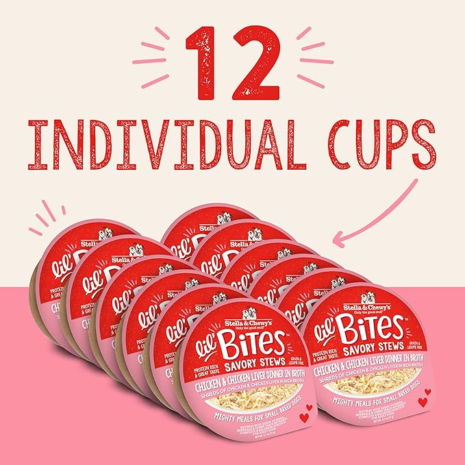 Stella & Chewy's Lil Bites Savory Stews for Small Breeds Chicken & Chicken Liver Dinner in Broth, 2.7 oz. Cups (Pack of 12)