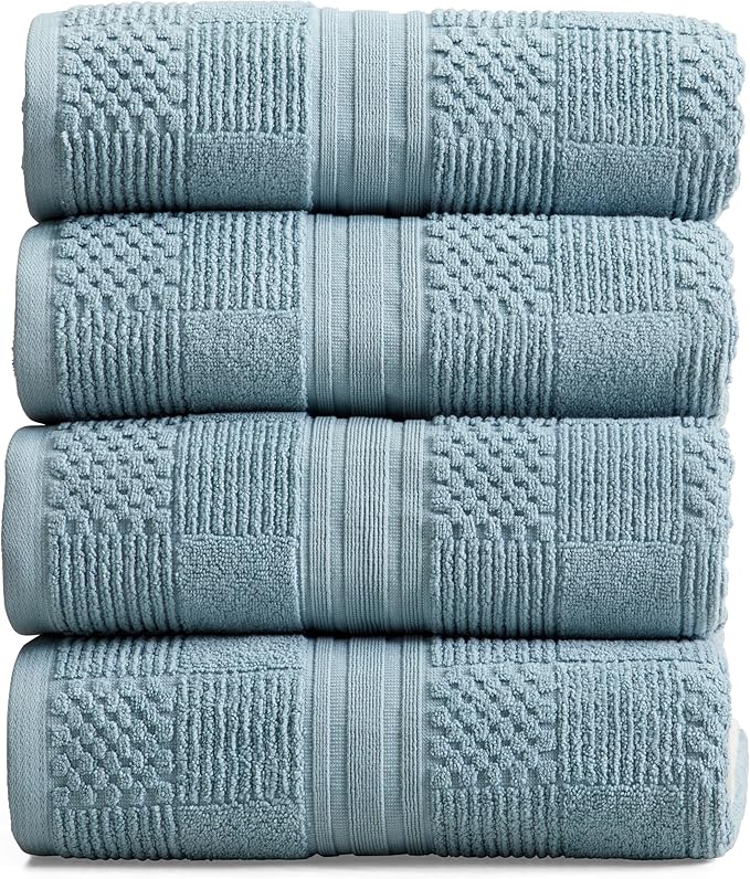 Springtree Home 100% Cotton Bath Towel Set of 4 | Blue Towels | Geometric Textured Design | Absorbent & Quick-Dry | 4 Bath Towels | Oeko-TEX® Standard 100 Cotton | Myla Collection - Arona Blue