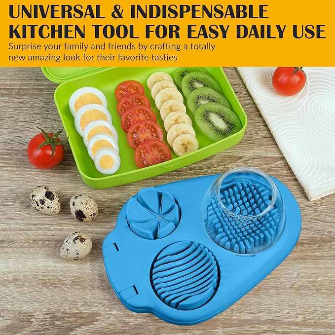 CraftyCrocodile Egg Slicer for Hard Boiled Eggs - 3 Slice Modes Egg Cutter, Heavy Duty, Stainless Steel Dicer - Kitchen Chopper Tool for Strawberry, Mushroom, Grape, Cherry Tomato - Blue