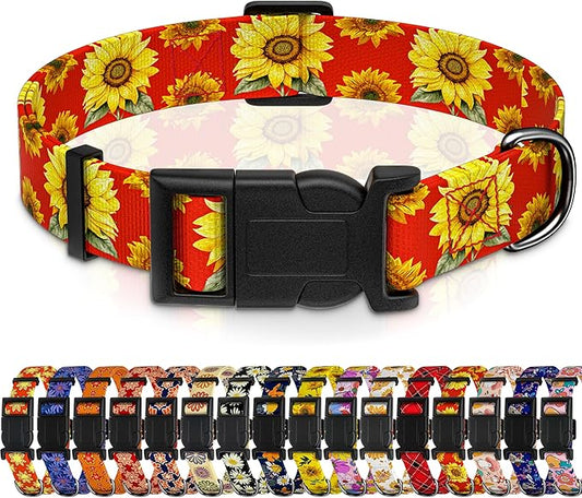 Dog Collar, Floral Boys Girls Puppy Collar for Small Medium Large Dogs, Adjustable Soft Pet Collar with Safety Buckle for Male Females (Red Sunflower, S)