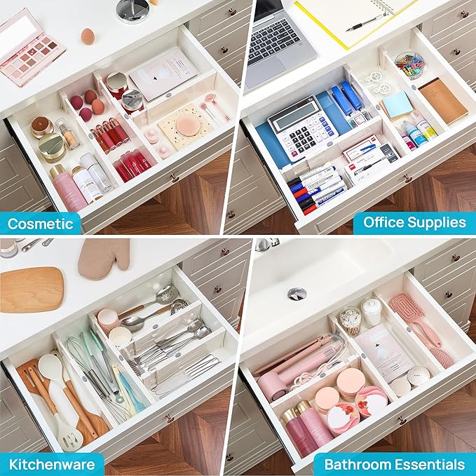 Vtopmart 16 Pack Drawer Dividers for Clothes, 4" High 11.3"-17" Adjustable Expandable Dresser Drawer Organizer, Plastic Drawers Separator for Dresser, Baby Clothes, Underwear, Kitchen & Office Storage
