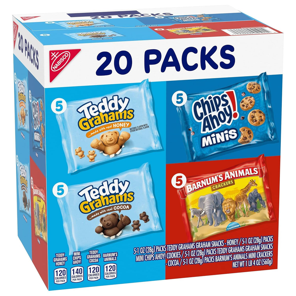 Nabisco Fun Shapes Variety Pack with Animal Crackers, Teddy Grahams and CHIPS AHOY! Cookies, 20 Snack Packs
