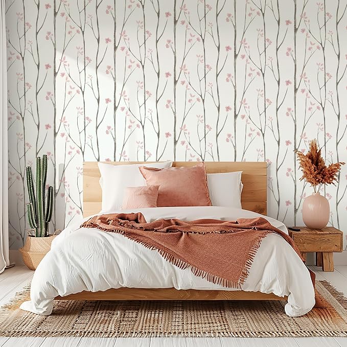 Timeet 197"x16" Floral Wallpaper Peel and Stick Wallpaper White and Pink