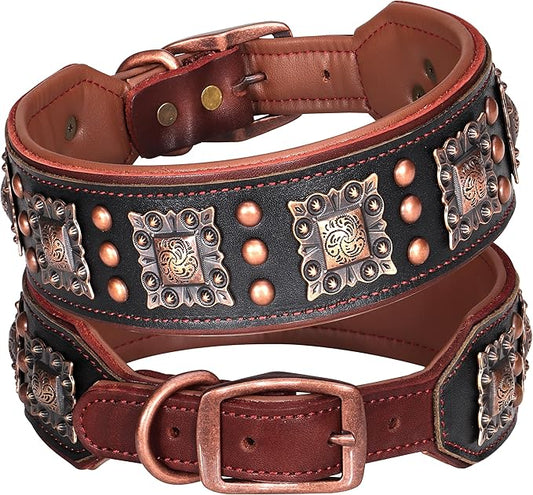 PET ARTIST Upgrade Padded Leather Dog Collar, 2 inch Wide Genuine Leather Dog Collars with Strong Studded Rivet & Metal Buckle, Adjustable Large Dog Collar for Pit Bull Doberman,Black,Neck 19-22"