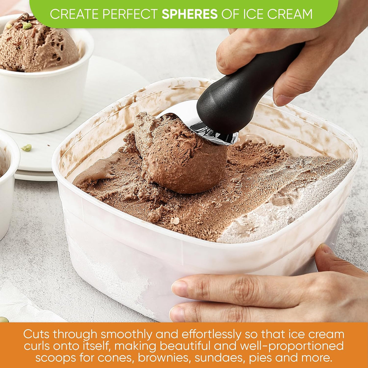 Spring Chef Heavy Duty Ice Cream Scoop with Comfortable Handle - Professional Ice Cream Scooper for Gelato, Sorbet, Cookie Dough, Melon, Frozen Yogurt - Dishwasher Safe Metal Kitchen Tool - Black