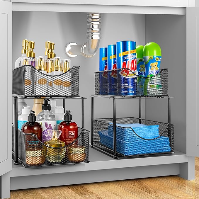 Sorbus 2 Tier Metal Under Sink Organizer for Bathroom, Kitchen, Strong Steel Mesh Sliding Drawers for Under Sink, Under Cabinet, Closet, Kitchen, Pantry, Bathroom Organizers and Storage (Black)