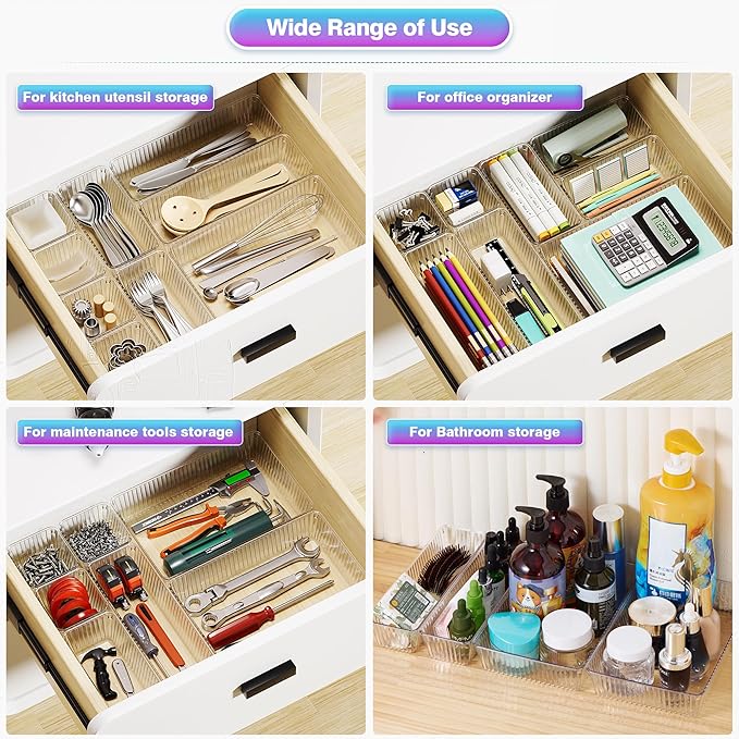 15 PCS Clear Plastic Drawer Organizer Set - 4 Sizes Makeup Organizer Desk Drawer Divider Bathroom Organizers and Storage Bins for Makeup, Jewelry, Gadgets, Office, Kitchen, Bedroom, Bathroom