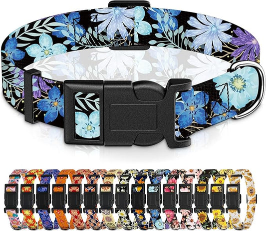 Dog Collar for Boys & Girls, Puppy Collar for Small to Large Dogs, Adjustable Soft Pet Collar with Safety Buckle - Purple Floral Pattern, XL
