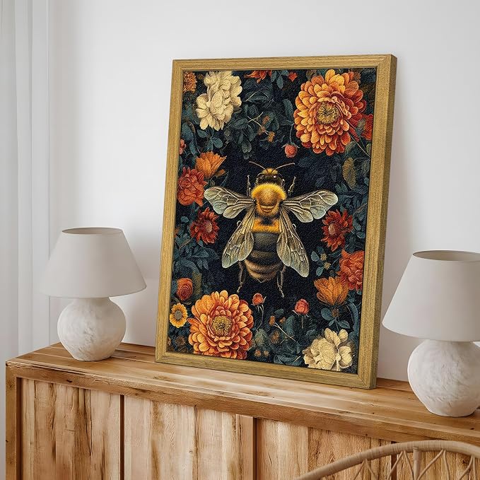 Framed Hand Drawn Sandstone Bee Wall Art, 3D Textured Nature Botanical Wall
