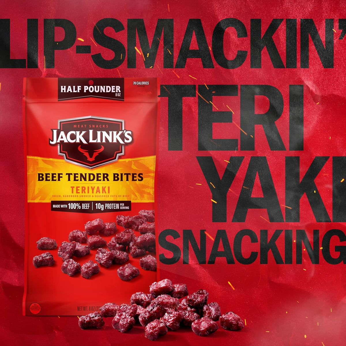 Jack Link's Beef Tender Bites, Teriyaki, Half Pounder Bag - Flavorful Meat Protein Snacks for Lunches, 10g of Protein and 70 Calories per Serving, Made with 100% Beef