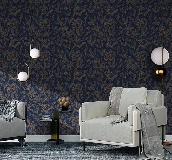 Timeet Peel and Stick Wallpaper Gold and Blue Floral Wall Paper