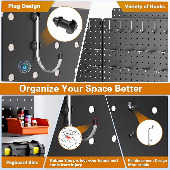Peg Board, 84pcs Metal Pegboard Kit, Includes 4 Pack 24''X12'' Large Black Peg Board with Accessories and Hook Locks, Heavy Duty Peg Boards for Walls Home, Garage Tool Storage, Workbench
