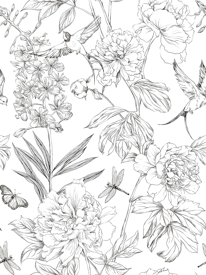 Jiffdiff White and Black Wallpaper Peel and Stick Sketched Peony Floral