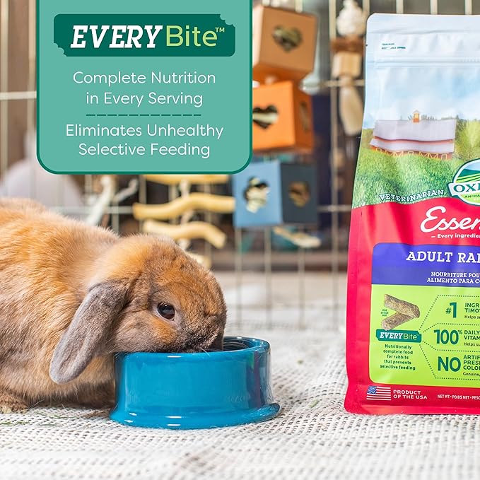 Oxbow Essentials Rabbit Food, Adult, Made with Oxbow Timothy Hay for Rabbit, Pet Pellets with Vitamins & Minerals, Small Animal Pet Products, Bunny Food, Made in USA, High Fiber, 25 lb. bulk bag