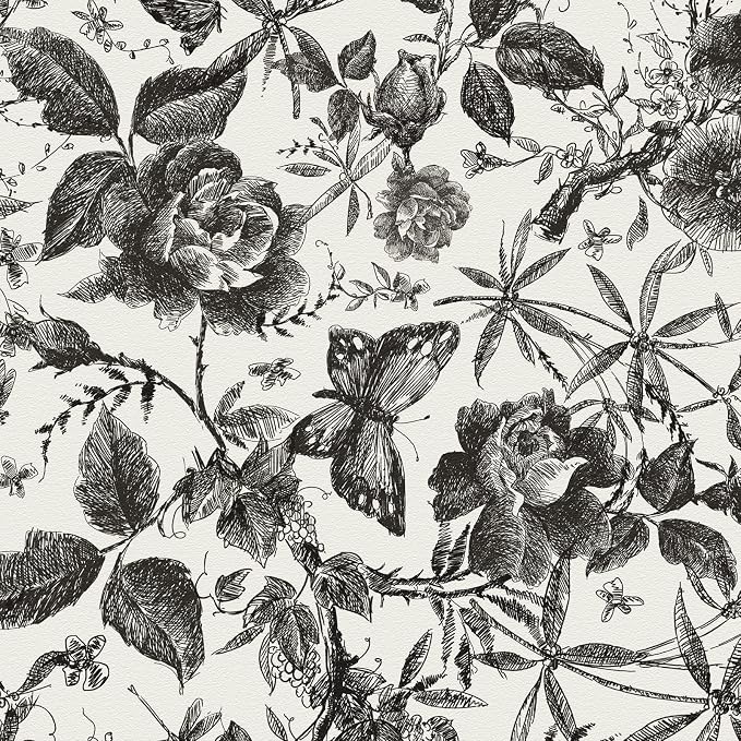 JiffDiff Floral Vintage Wallpaper Peel and Stick Wall Stick Black Rose