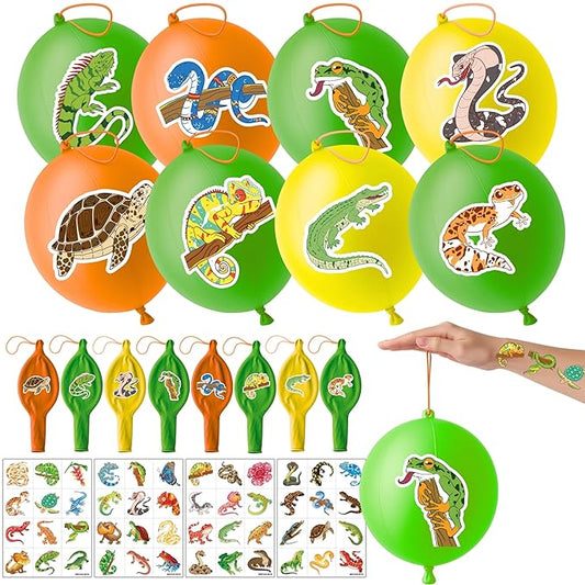 72 PCS Reptile Party Favors for Kids – 48 Pre-Cut Temporary Tattoos & 24 Reptile Punch Balloons Themed Birthday Party Decorations Supplies Favors Gifts, Goodie Bag Fillers, Classroom Rewards