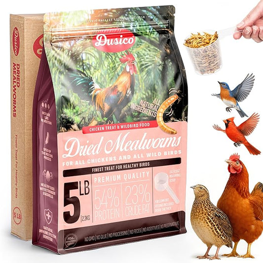 Dusico® Dried Mealworms 5LB / 2.3KG – Premium Mealy Worms, Dried for Birds Feeder, Chickens, Ducks, Quail, Reptiles & Fish – High Protein Non-GMO Chicken Treat, Wild Bird & Poultry Food Additive