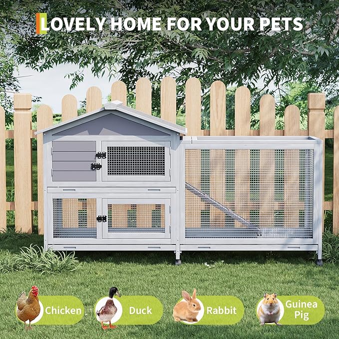 Rabbit Cage with Ramp & Waterproof Roof, Bunny Hutch for Indoor/Outdoor, 2-Story Design, Rabbit Hutch with 6 Lockable Caster Wheels & Three Pull-Out Trays（63.2" l x 22.4" w x 37"）