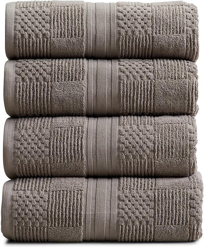 Springtree Home 100% Cotton Bath Towel Set of 4 | Grey Towels | Geometric Textured Design | Absorbent & Quick-Dry | 4 Bath Towels | Oeko-TEX® Standard 100 Cotton | Myla Collection - Frost Grey