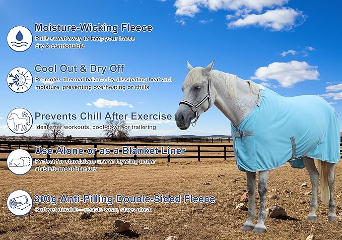 Horse Fleece Cooler, Blanket Liner - 300g Anti-Pilling Fleece, Moisture-Wicking, Cooling & Drying for Post-Workout, Bath & Travel, Prevent Overheating & Chilling Lightblue 75