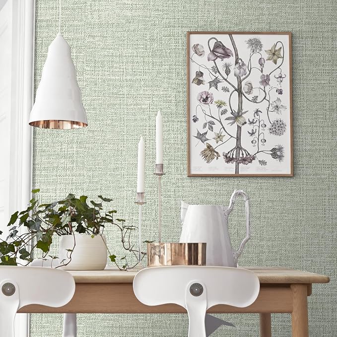 Green Grasscloth Wallpaper 17.3"x160" Faux Linen Textured Contact Paper