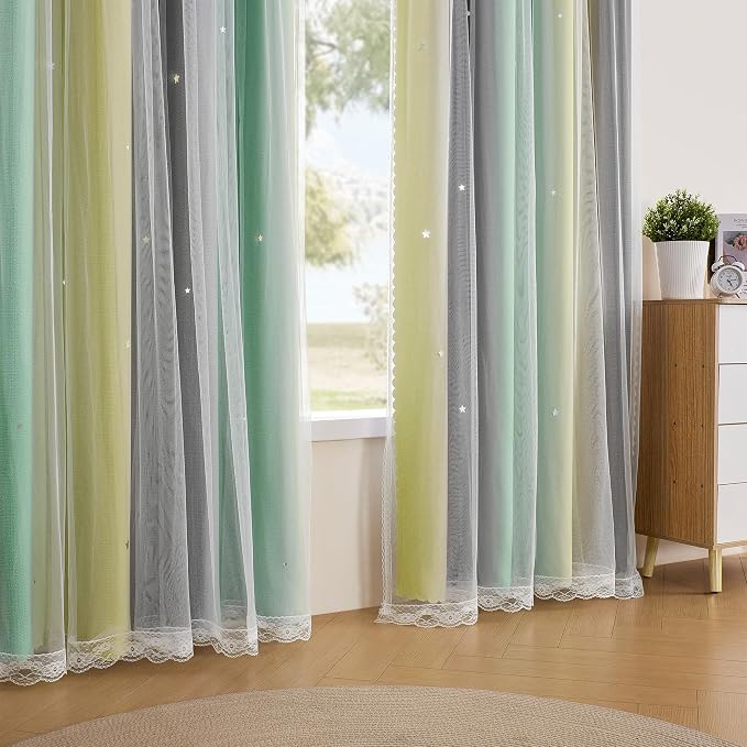 XiDi Curtains for Bedroom Decor, Rainbow GreenYellowGrey52/90/1
