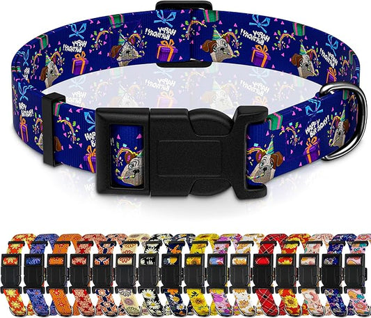 Dog Collar, Classical Birthday Gift Boys Girls Puppy Collar for Small Medium Large Dogs, Adjustable Soft Pet Collar with Safety Buckle for Male Females(Purple Birthday, S)