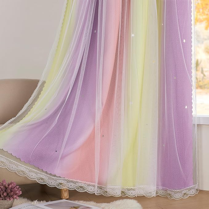XiDi Curtains for Bedroom Decor, Rainbow Pink PurpleYellow34/96/1