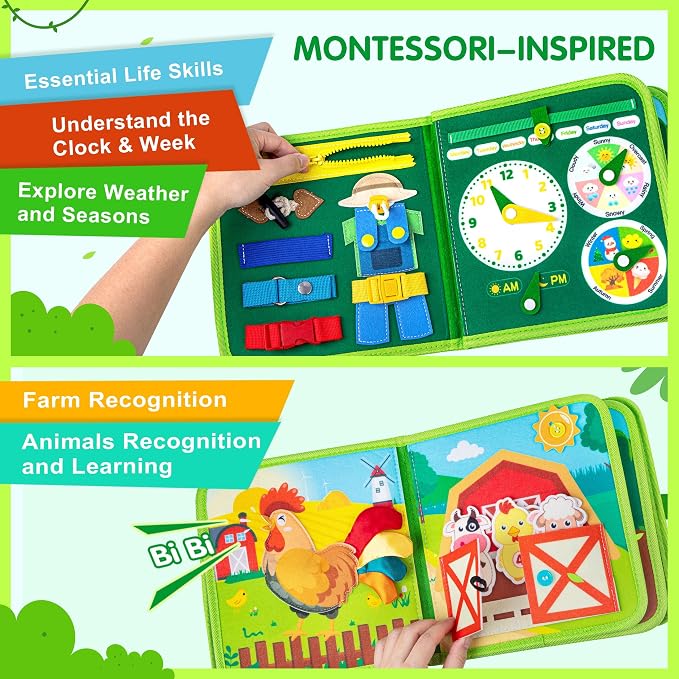 Quanquer Montessori Busy Book for Toddlers 1-3 - Farm Animal Sensory Busy Board for 1 Year Old Boys and Girls, Educational Travel Toy for Airplane Car Activities, Birthday Christmas Toddler Gifts